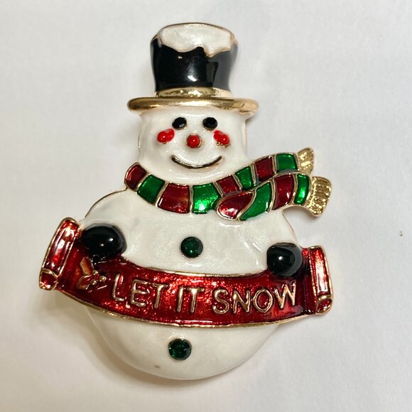 Vintage Snowman Christmas Pin Brooch Enamel Crystal LET IT SNOW Cute Holiday - Picture 3 of 7